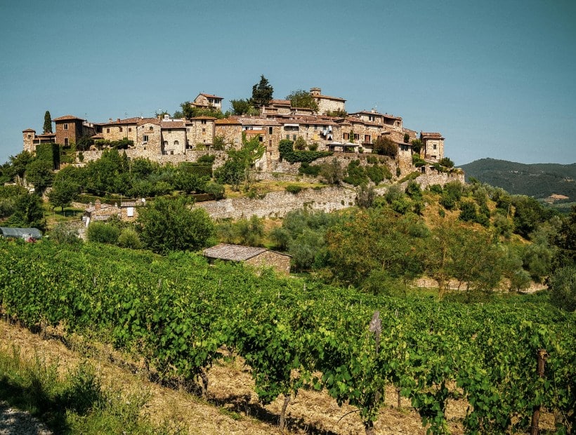 Chianti vineyard landscape with stone farmhouse Tuscany Italy Trails