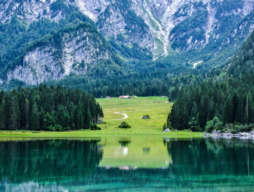 Fusine Lake with Julian Alps reflection Friuli Venezia Giulia Italy Trails